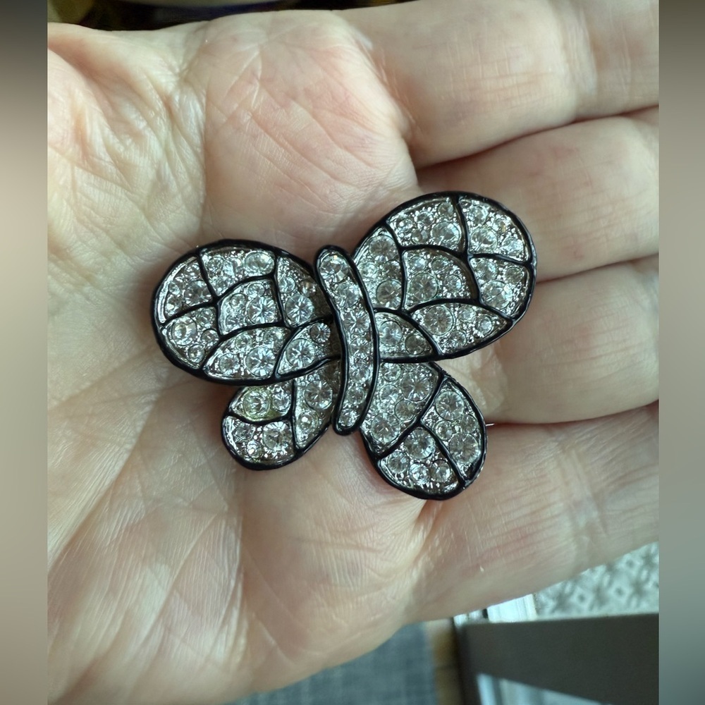 Signed KJL Kenneth Jay Lane Mariposa Crystal Black Enamel Butterfly Brooch